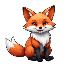 Obraz premium Cute Childish Kawaii Fox Character Sticker Standing with Big Round Eyes, Fluffy Tail, and a Happy Expression, Thick Black Outline, Generative AI.