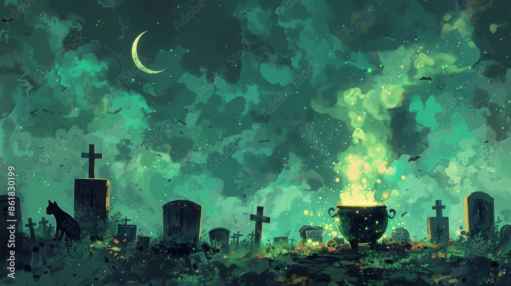 Wall mural spooky halloween night scene with cauldron, green smoke, black cat, and cemetery. perfect for hallow