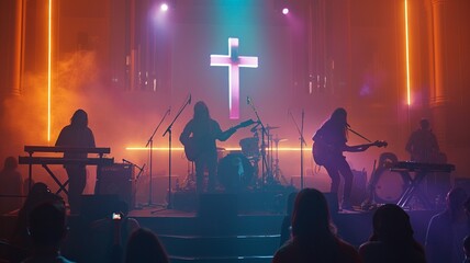 Church altar with a band performing, illuminated by bright lights and smoke, with a cross projected behind the musicians. Perfect for themes of worship and modern spirituality.