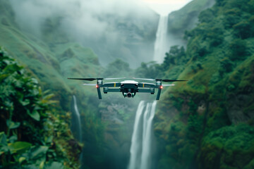 Close up of a drone flying in the air at a waterfall.