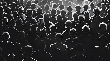 Obraz premium An anonymous crowd gathers, silhouetted against a bright light. Their faces are obscured, leaving their thoughts and intentions unknown.
