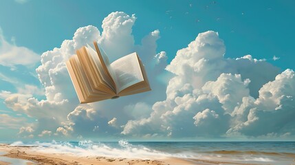 An open book floats in a clear blue sky above a sandy beach, symbolizing knowledge, imagination, and freedom.