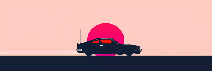 Retroewave jdm car against sunset background, generative ai