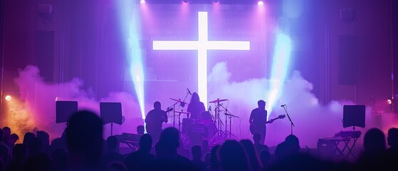 Church altar with a band performing, illuminated by bright lights and smoke, with a cross projected behind the musicians. Perfect for themes of worship and modern spirituality.