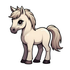 Cute Childish Kawaii Horse Character Sticker Standing with Big Round Eyes, Flowing Mane, and a Happy Expression, Thick Black Outline, Generative AI.