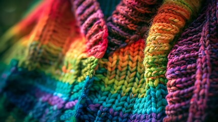 Close-up of a colorful knitted fabric with a rainbow pattern.  The texture is soft and the colors are vibrant.
