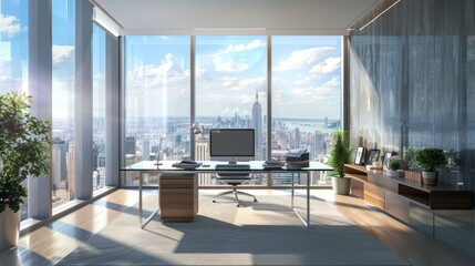 Modern workspace interior with cityscape