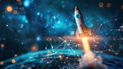 Futuristic rocket launch, startup business concept and success