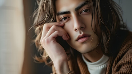 A man with long hair is shown with his hand on his face. He is wearing a brown sweater and white shirt
