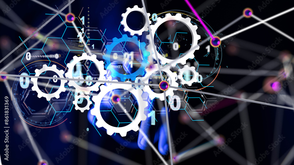 Poster Neural network 3D illustration. Big data and cybersecurity - 3d