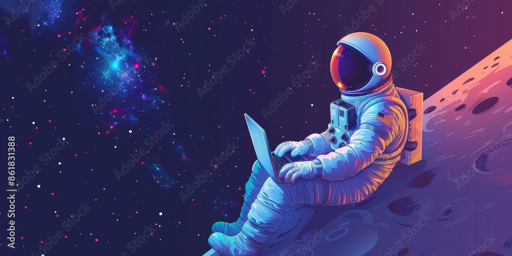 Canvas Prints astronaut in space with a laptop with copy space