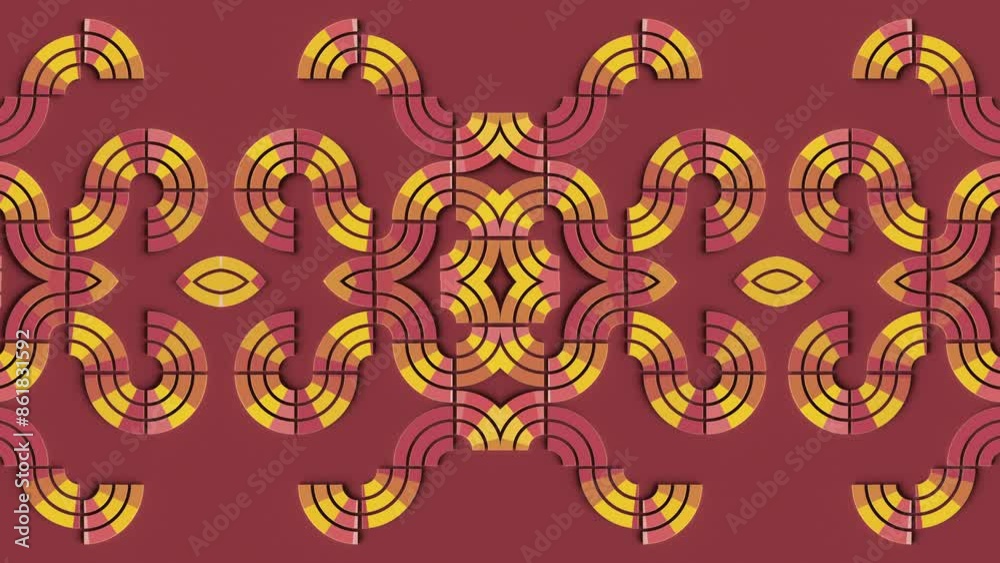 Fototapete Digital seamless loop animation of a symmetrical pattern of intertwined shapes resembling stylized waves or ribbons with shades of red, yellow and pink. 3d rendering. 4K, Ultra HD resolution