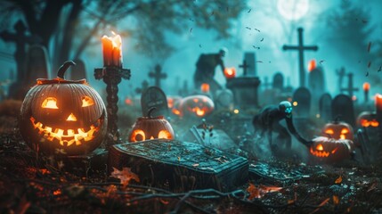 Obraz premium Spooky Halloween graveyard scene with glowing jack-o'-lanterns, tombstones, and creepy figures. Perfect for Halloween themes of horror, fear, and the supernatural.