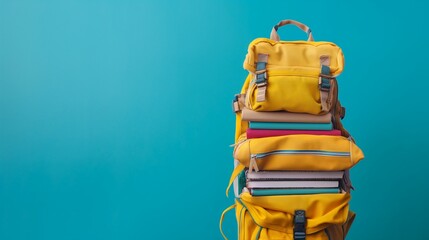 
A fully packed school backpack overflowing with books and supplies, isolated against a vibrant blue background with ample copy space, capturing the essence of the Back to School season.