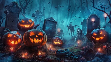 Spooky Halloween Night. Jack-o'-lanterns glowing amidst creepy graveyard with zombies and ghosts. Perfect for Halloween party invitations, backgrounds, and decorations.