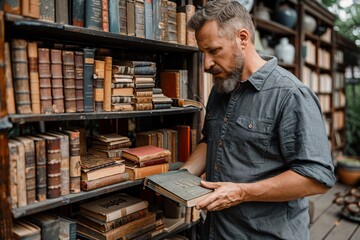 Man Browsing Antique Books in a Bookstore