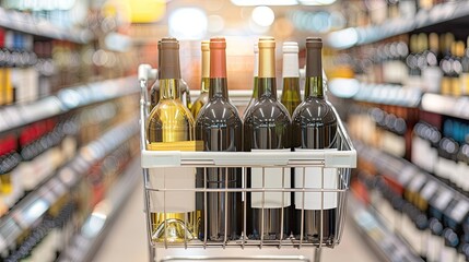 A shopping cart filled with wine bottles sits in the aisle of a grocery store