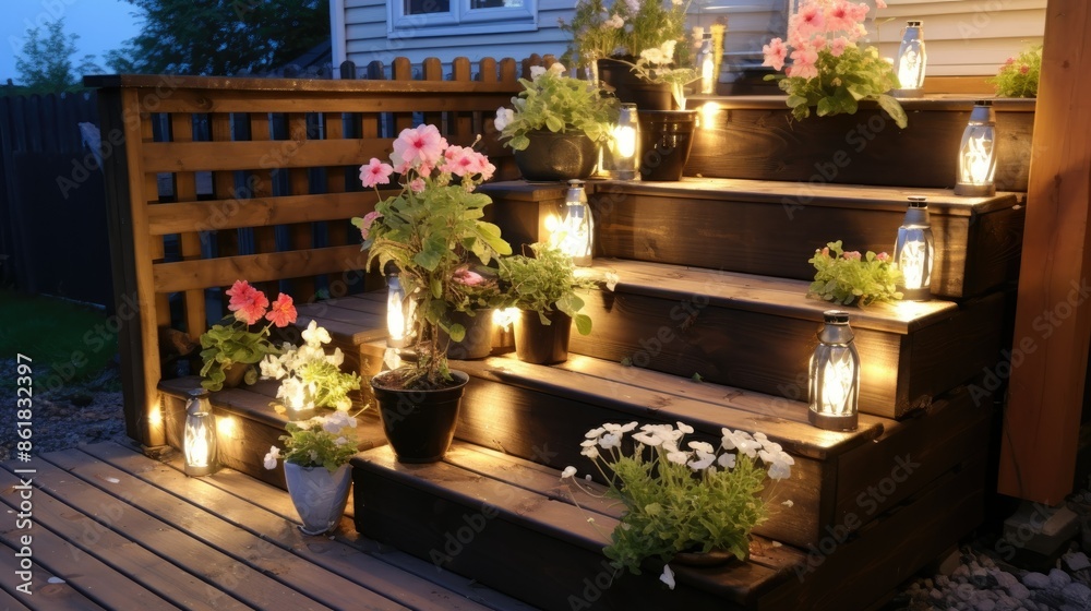 Poster an outdoor flower planter made from pallets with lantern lights and flowers on each step