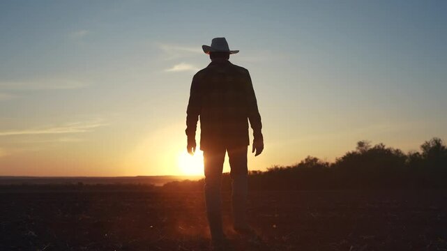 Agriculture. Silhouette of a farmer walking in the field. Landscape fresh harvest concept. Farmer walks through the soils. Silhouette of farmer lifestyle walking through the field in soild soil.