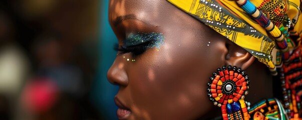 Close-up of a woman's face with vibrant, traditional African makeup.