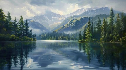 Fototapeta premium A serene oil art piece on board of a tranquil lake reflecting the surrounding trees and mountains.