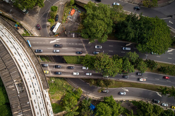 Highway full of cars seen from a drone