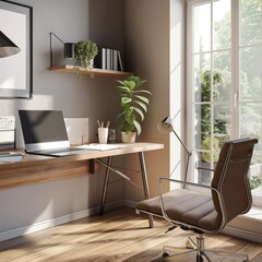 Fototapeta premium Modern home office setup with a minimalist design, featuring a laptop, notepad, coffee cup, and plant on the desk. An ergonomic chair and a window with natural light are nearby. Clean and contemporary