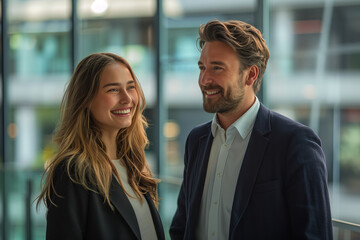 A woman and a Caucasian man are talking in a building.