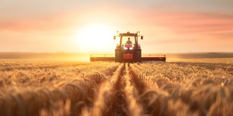 Fototapeta premium Autonomous tractor plowing wheat field at sunrise with GPS technology in hyperrealistic style. Concept Agriculture, Farming Technology, GPS Technology, Hyperrealism Art, Wheat Field