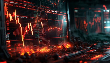 Detailed fiery stock market data graphics against a dark abstract digital backdrop, suggesting analysis