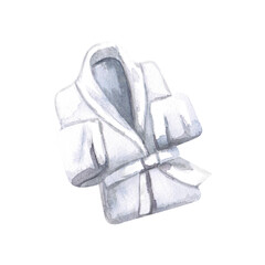 Bathrobe in watercolor illustration on a white background. Hand drawn robe illustration for advertising home textiles, invitations, SPA, sauna, Finnish bath