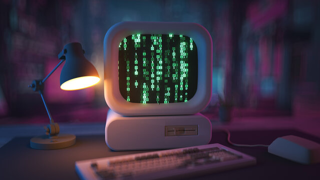 Retro computer with machine code 3D render