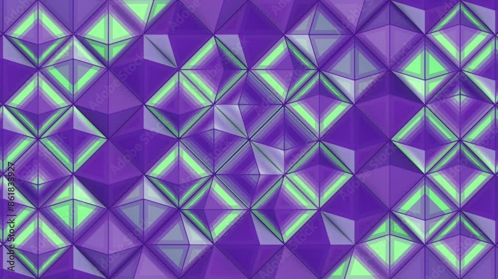 Fototapete Symmetrical pattern consisting of a grid of squares in shades of purple and green with colored waves running across it. Digital seamless loop animation. 3d rendering. 4K, Ultra HD resolution