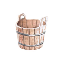 Wooden bath bucket in watercolor illustration on a white background. Hand drawn tub illustration for advertising hotels, swimming pools, invitations, SPA, sauna, Finnish bath, hammam © Svetlana
