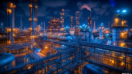 
A sprawling petrochemical refinery at night, featuring glowing towers and columns, intricate machinery, and bright lights reflecting off metallic surfaces.