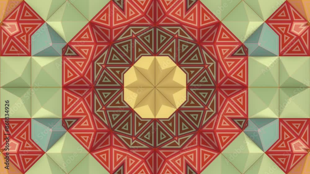 Poster A geometric pattern that creates a kaleidoscopic effect and consists of intertwined shapes of different colors including shades of orange, yellow and green. Digital loop animation. 3d rendering 4K