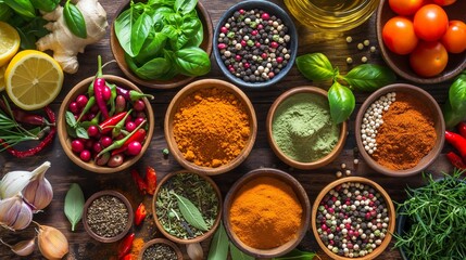 
A top view of an assortment of colorful herbs and spices meticulously arranged on a rustic wooden background, highlighting the vibrant ingredients for cooking healthy, fiber-rich, and vitamin-packed 