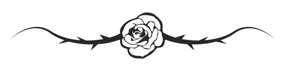 Black rose vector icon. Black flower tattoo template. Rose with thorns vector. Decorative rose flower. Rose silhouette. Vector illustration.