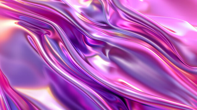 3d abstract chrome holographic purple silk waves dripples background. Retro y2k cute dreamy colors