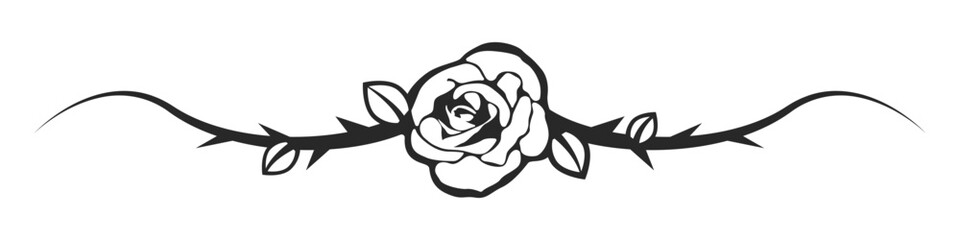 Black rose vector icon. Black flower tattoo template. Rose with thorns vector. Decorative rose flower. Rose silhouette. Vector illustration.