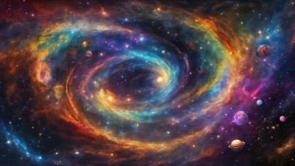 Obraz premium Background wallpaper design featuring a rainbow-colored galaxy and celestial bodies in cosmic space.