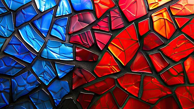 Vibrant abstract mosaic featuring vivid blue and red glass shards arranged in a captivating pattern. Perfect for modern art enthusiasts.