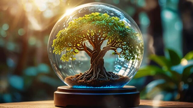 Banyan tree and kerisyal balls, in a smooth looping background with 4K video animation.