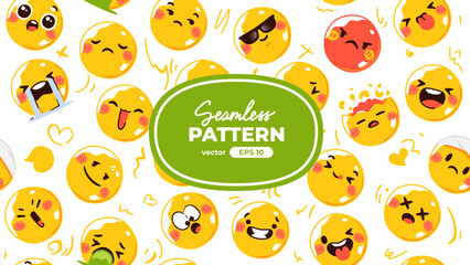 Obraz premium Seamless pattern with yellow emoticons. Emoji set. Vector illustration eps10. Funny faces with facial expressions, UI interface chat icons for messenger app. Social media. Cartoon smile. Flat style.