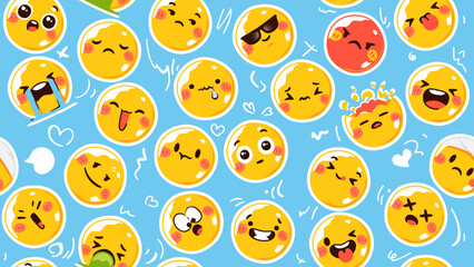 Seamless pattern with yellow emoticons. Emoji set. Vector illustration eps10. Funny faces with facial expressions, UI interface chat icons for messenger app. Social media. Cartoon smile. Flat style.