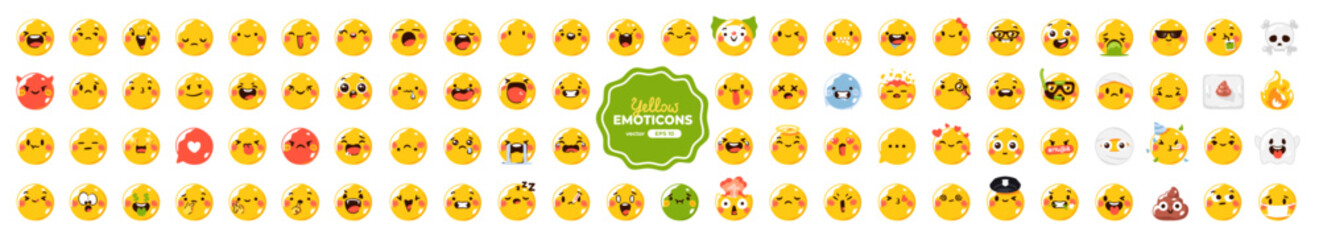 Yellow emoticons set. Emoji set. Vector illustration eps10. Funny faces with facial expressions, UI interface chat icons for messenger app. Social media. Cartoon smile. Isolated. Flat style.