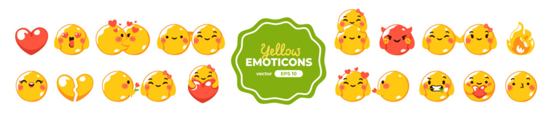 Yellow emoticons love set. Emoji couple hugging, kissing. Vector illustration eps10. Funny faces with facial expressions, UI interface chat icons for messenger app. Cartoon smile. Isolated.