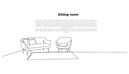 continuous line drawing of a minimalist living room.one line drawing of a sofa chair in the living room.single line vector illustration.isolated white background
