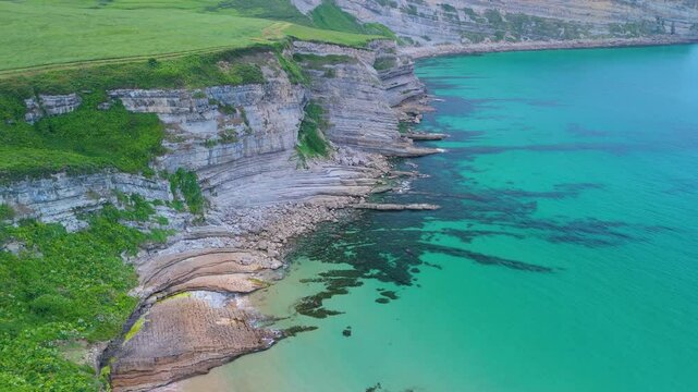 Coastal landscape at Punta Ballota on the coasts of Tagle. Aerial view from a drone. Arnuero Municipality. Cantabrian Sea. Cantabria. Spain. Europe