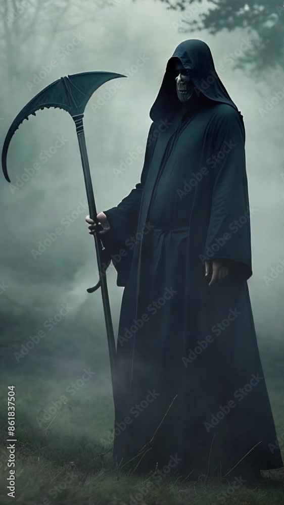 Wall mural vertical grim reaper holding a scythe in a dark forest 4k features an a.i. generated video of a skel
